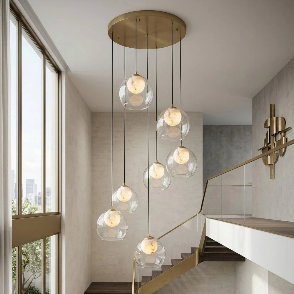 Faux Alabaster Globe with Clear Glass Pendant Light detail