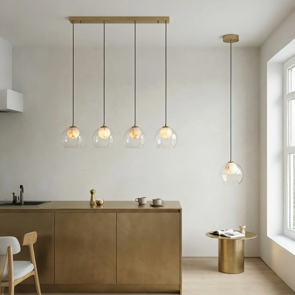 Faux Alabaster Globe with Clear Glass Pendant Light detail