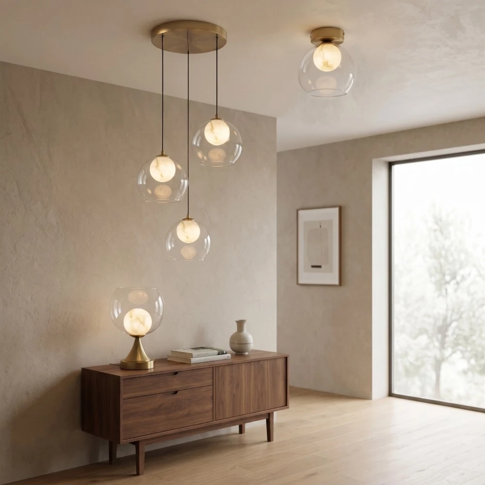 Faux Alabaster Globe with Clear Glass Pendant Light detail