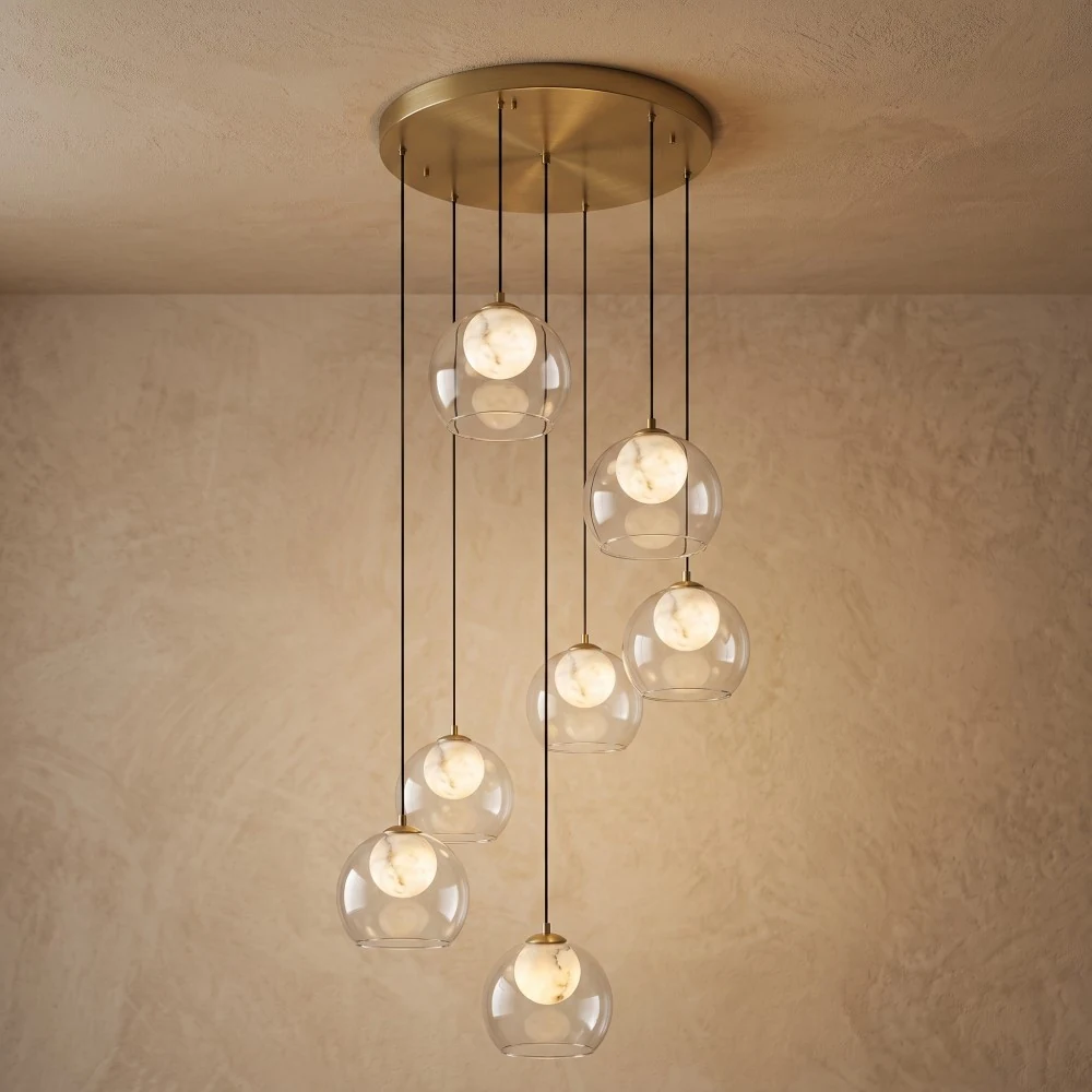 Faux Alabaster Globe with Clear Glass Pendant Light detail