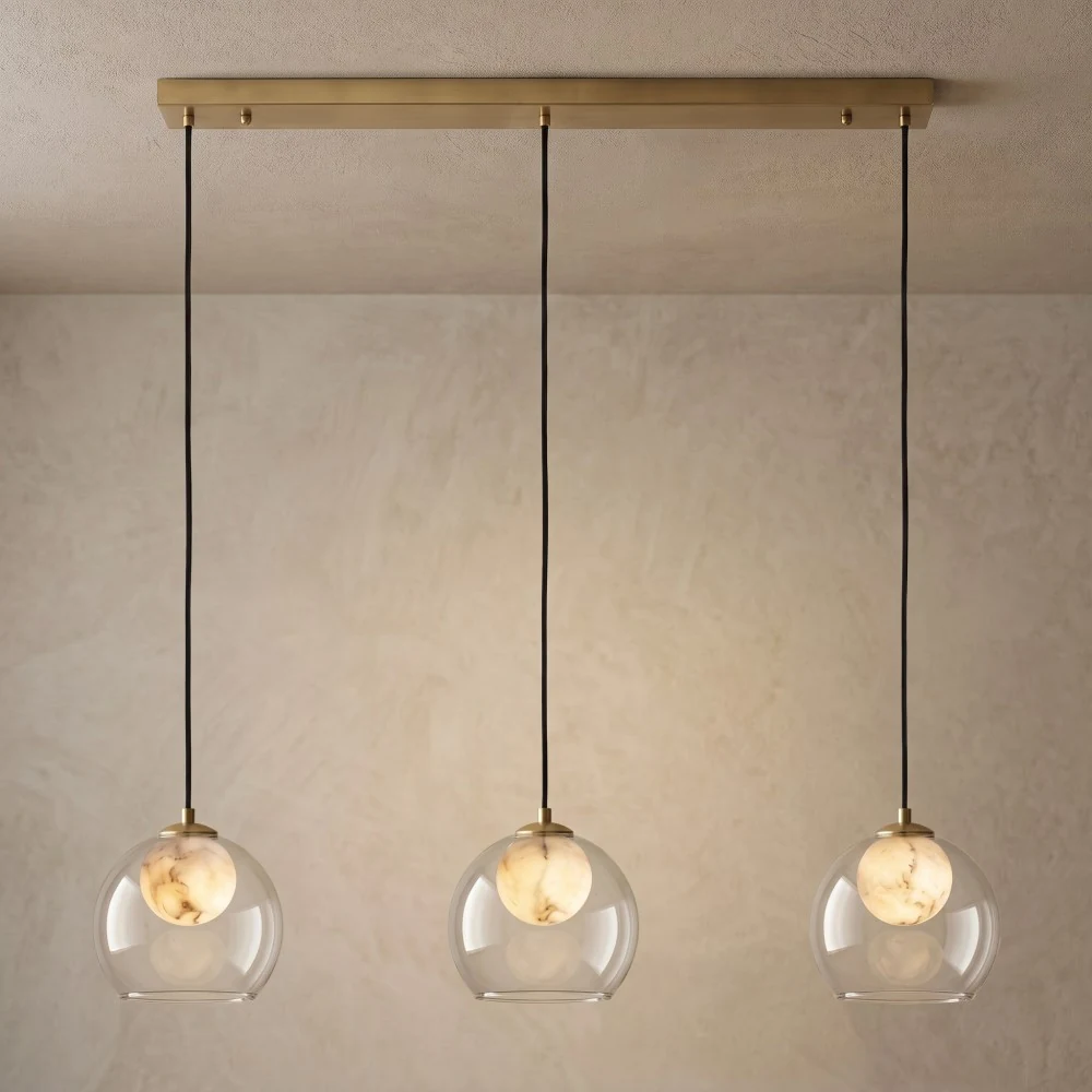 Faux Alabaster Globe with Clear Glass Pendant Light detail
