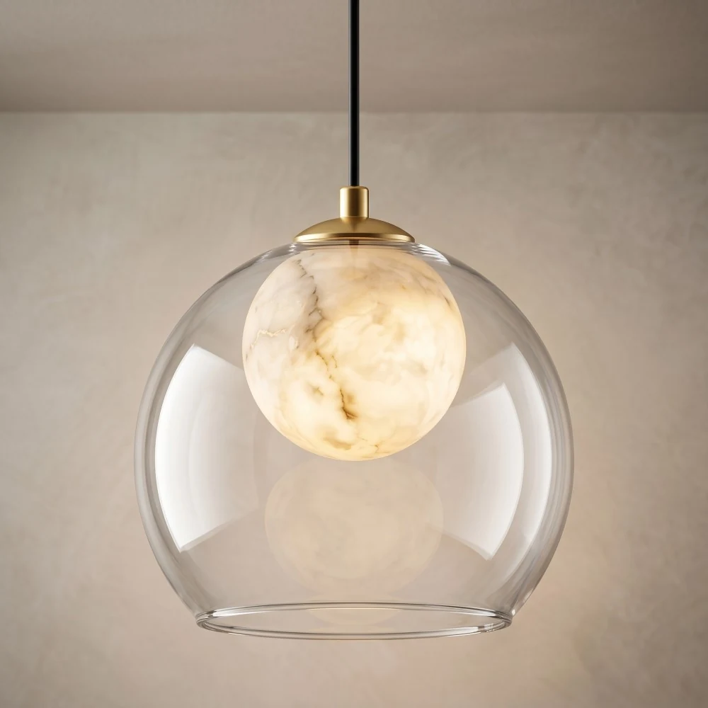 Faux Alabaster Globe with Clear Glass Pendant Light detail