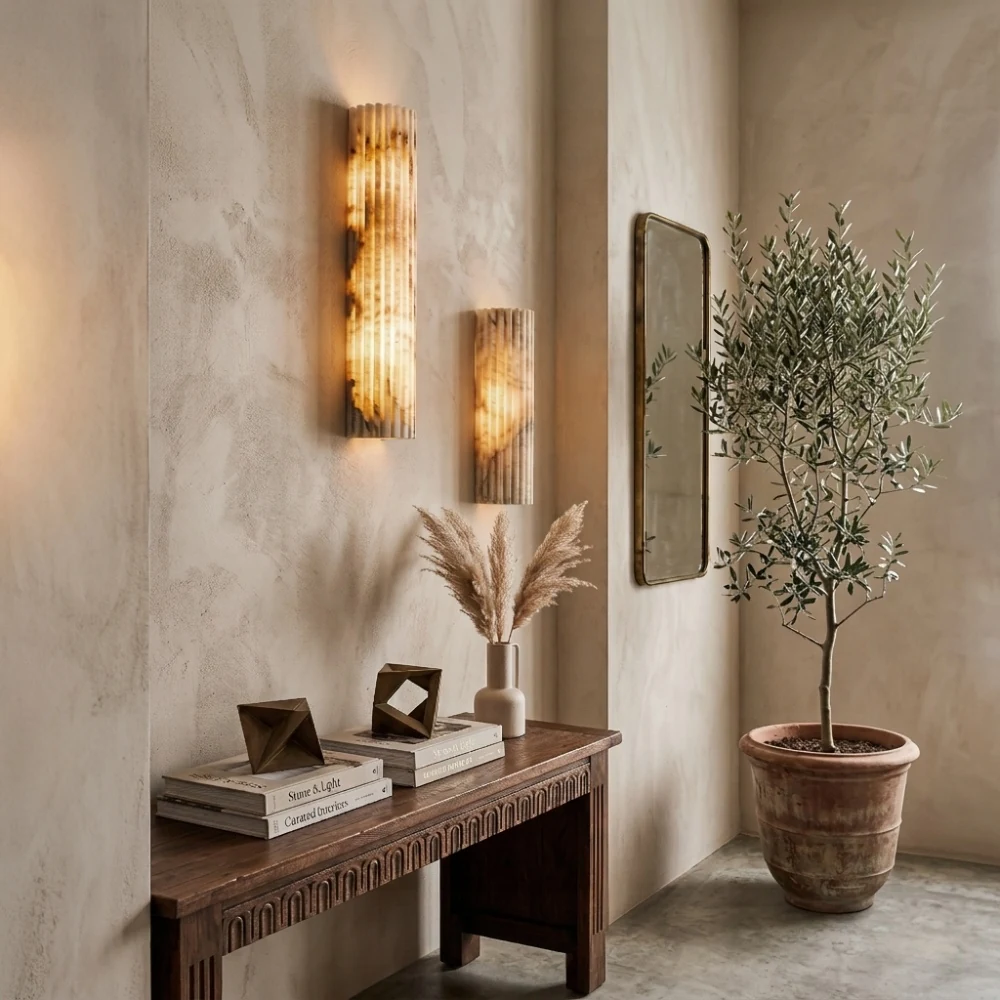 Fluted Alabaster Half-Cylinder Wall Sconce detail