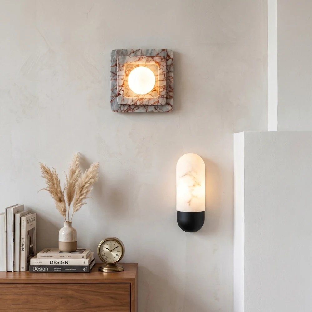 Layered Square Marble & Globe Wall Sconce detail