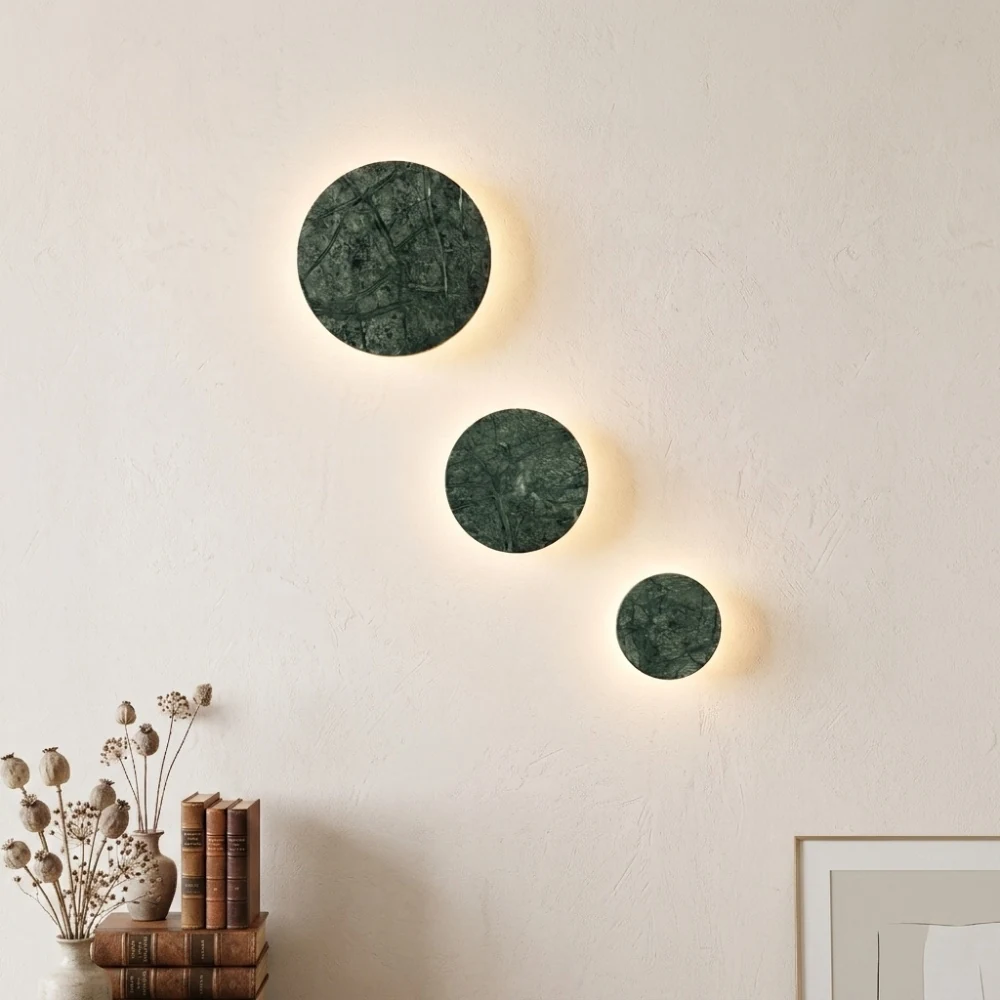 Minimalist Green Marble Disc Wall Sconce detail