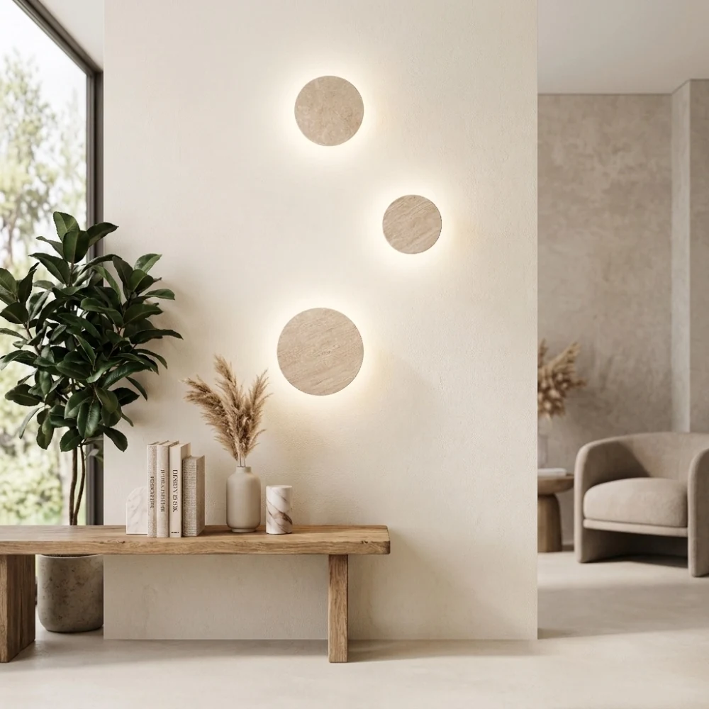 Minimalist Travertine Disc Wall Sconce detail