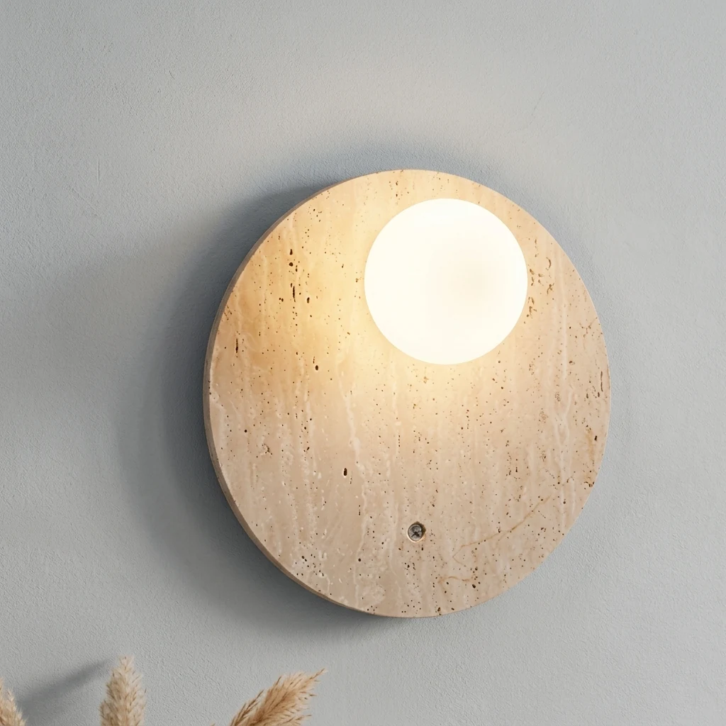 Organic Travertine Plate & Globe Wall Sconce detail