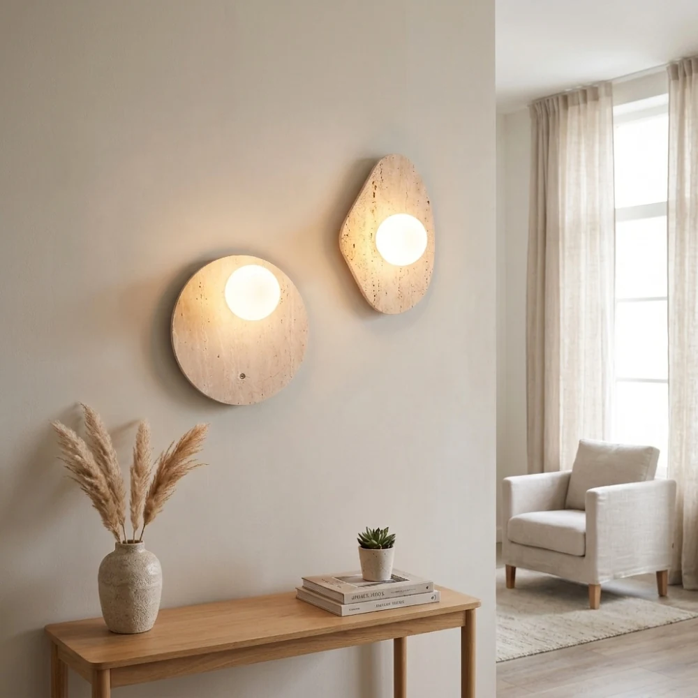 Organic Travertine Plate & Globe Wall Sconce detail