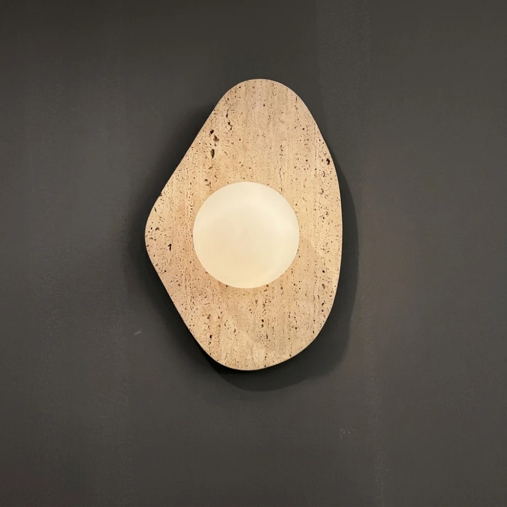 Organic Travertine Plate & Globe Wall Sconce detail