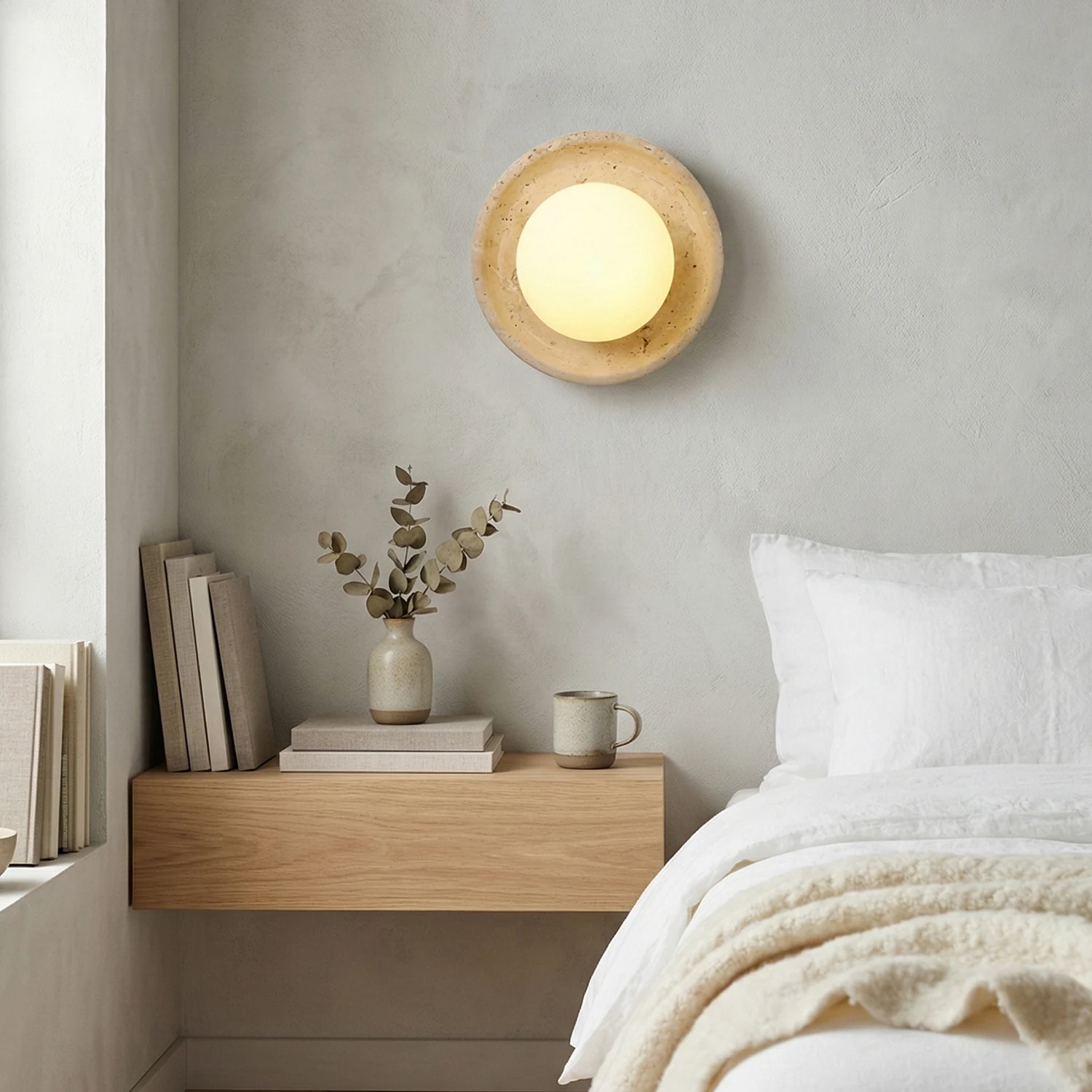 Round Travertine Backplate with Glass Globe detail