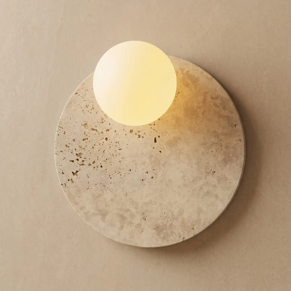 Round Travertine Backplate with Glass Globe detail