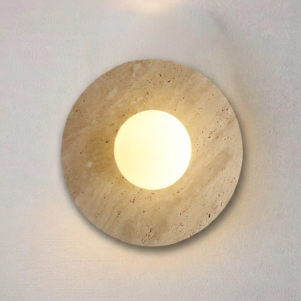 Round Travertine Backplate with Glass Globe detail