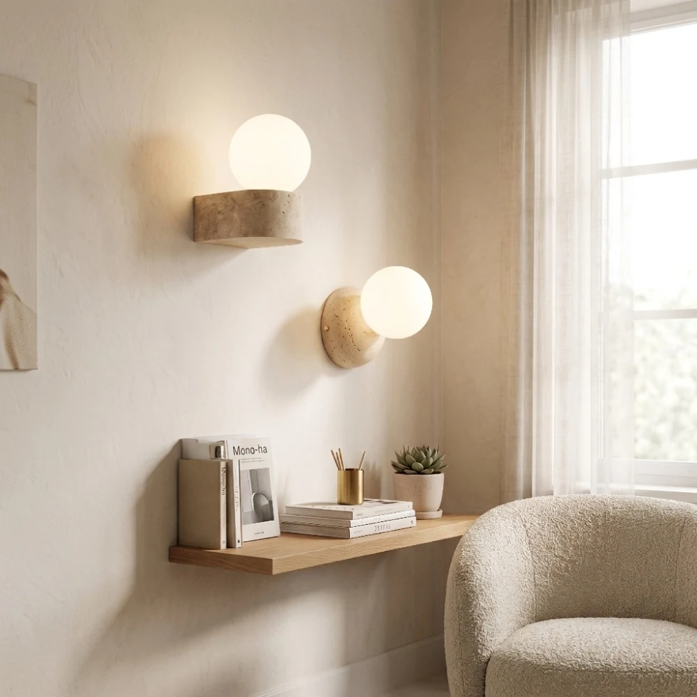 Travertine Base Glass Globe Wall Sconce detail