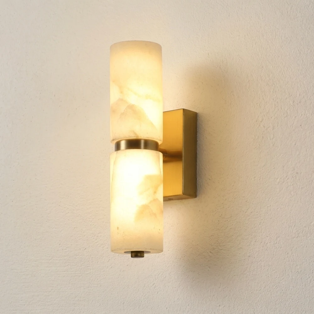Two-Tier Alabaster Cylinder & Brass Wall Sconce