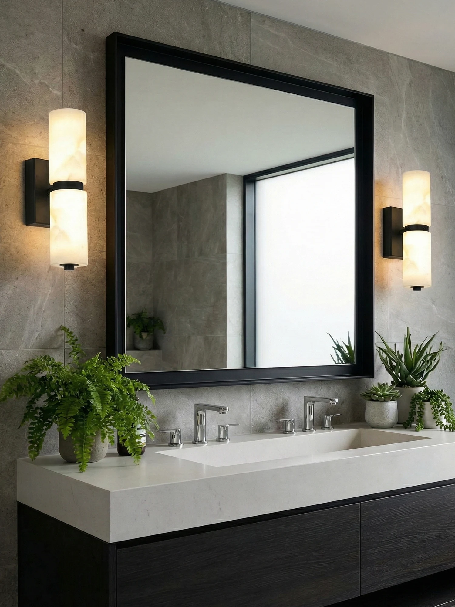 Two-Tier Alabaster Cylinder & Brass Wall Sconce detail