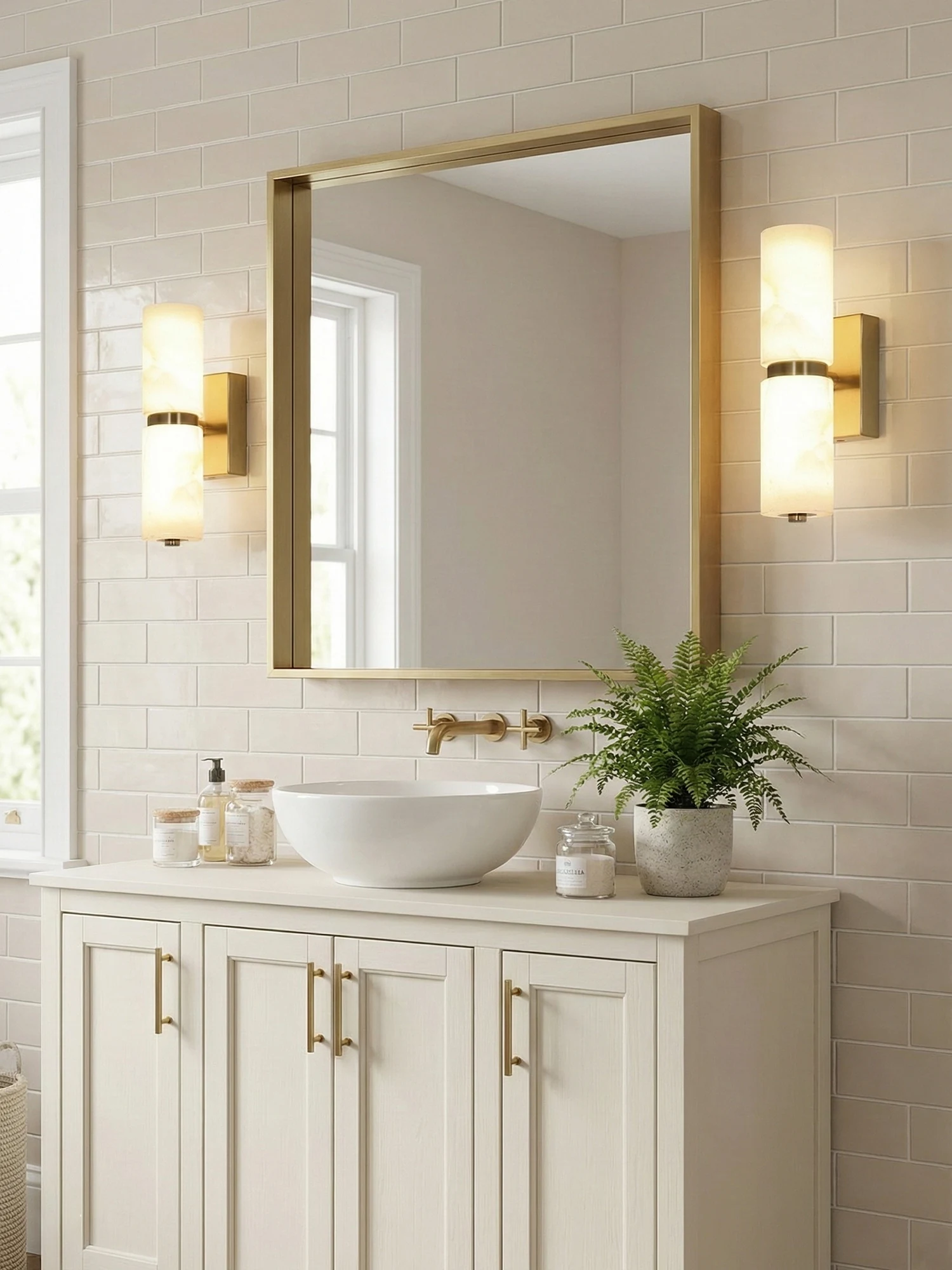 Two-Tier Alabaster Cylinder & Brass Wall Sconce detail