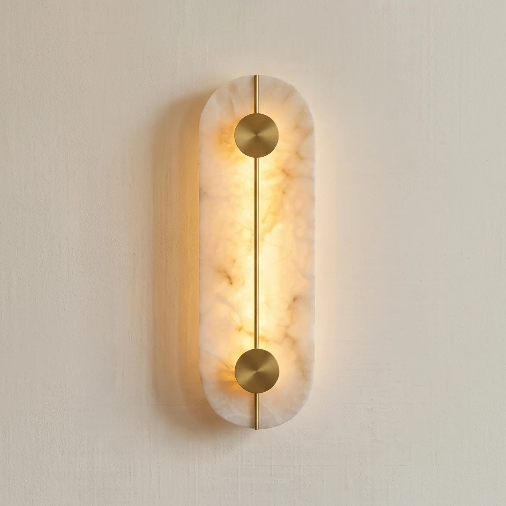 Vertical Alabaster Plate with Dual Brass Accents Wall Sconce