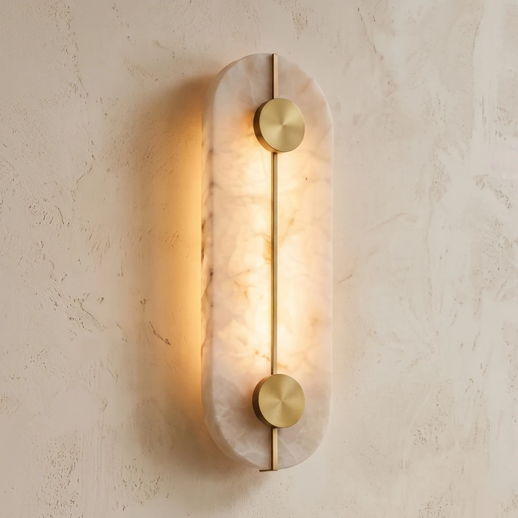 Vertical Alabaster Plate with Dual Brass Accents Wall Sconce detail