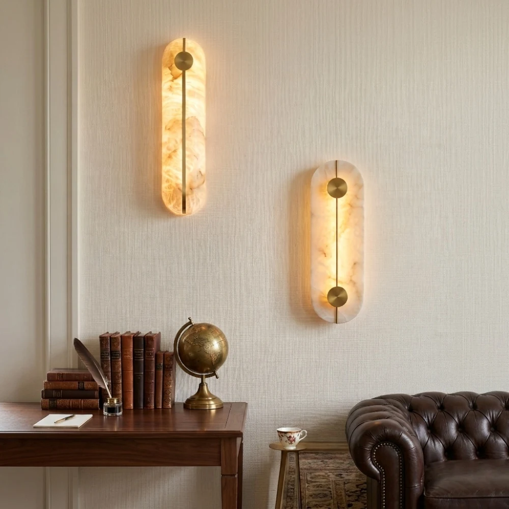 Vertical Alabaster Plate with Dual Brass Accents Wall Sconce detail
