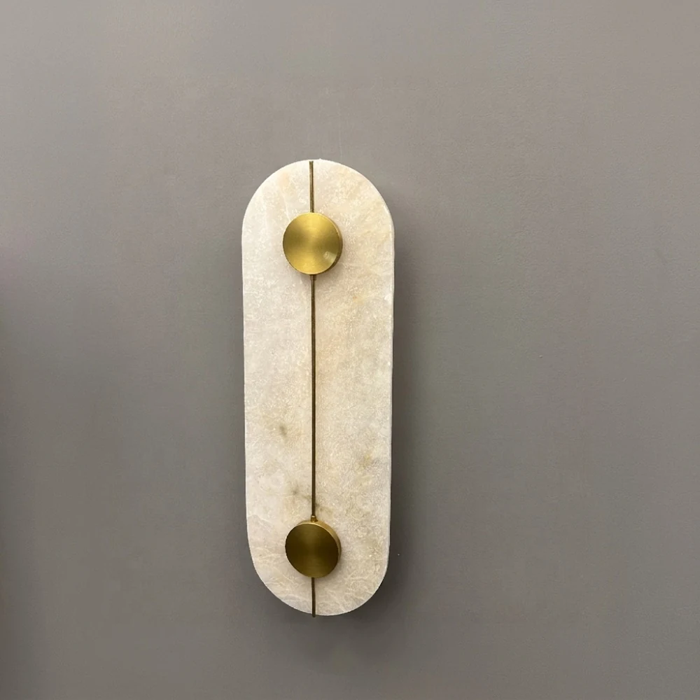 Vertical Alabaster Plate with Dual Brass Accents Wall Sconce detail