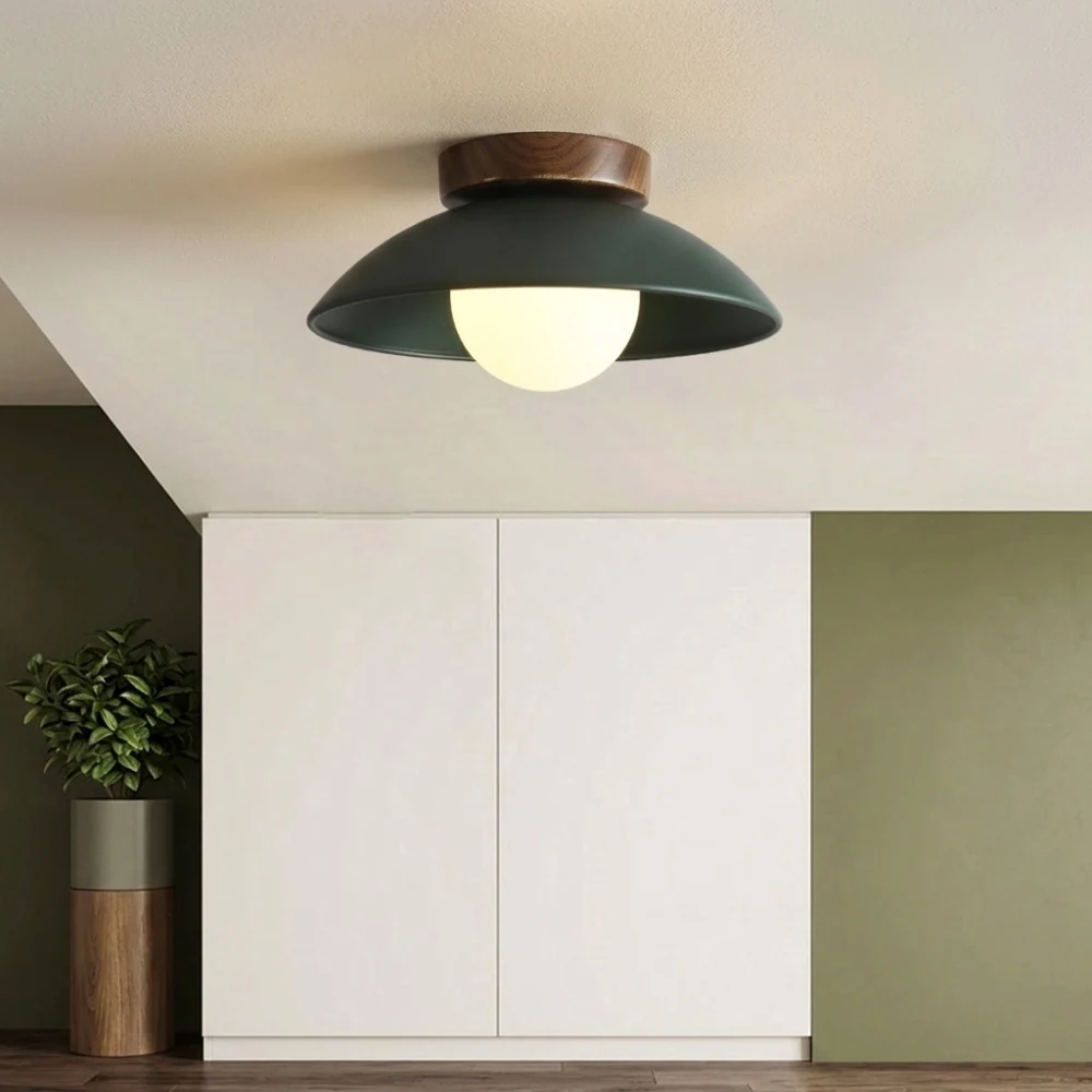 Wood Top Metal Shade Flush Mount Ceiling Light