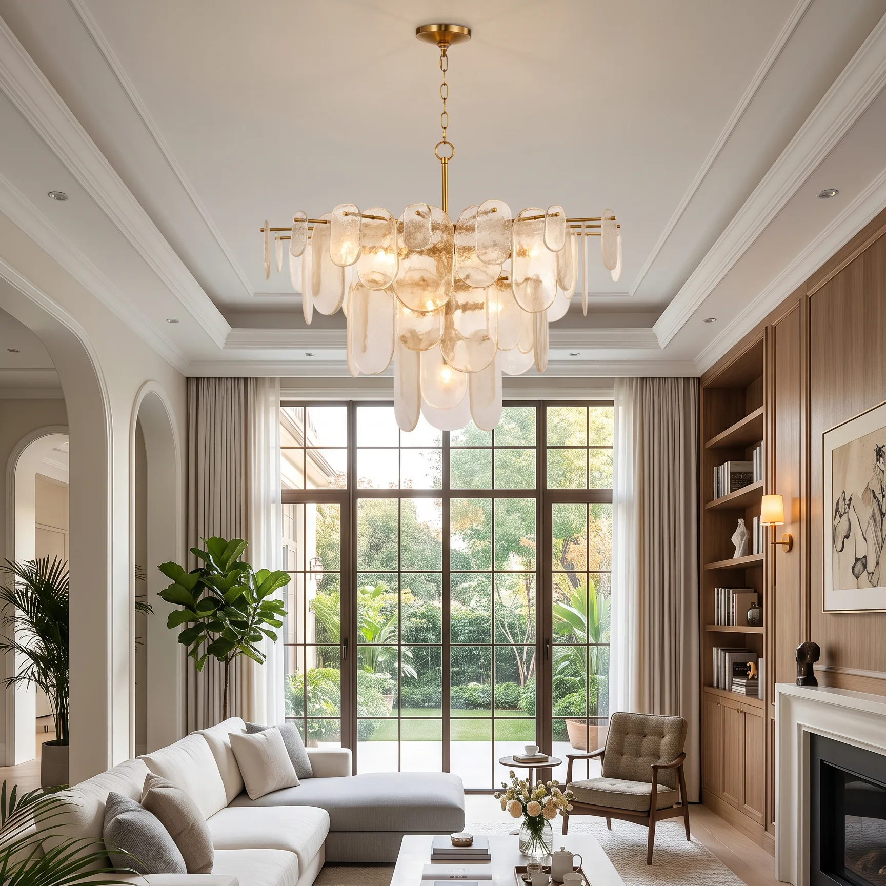 Modern Brass and Hanging Glass Disc Chandelier detail view 1