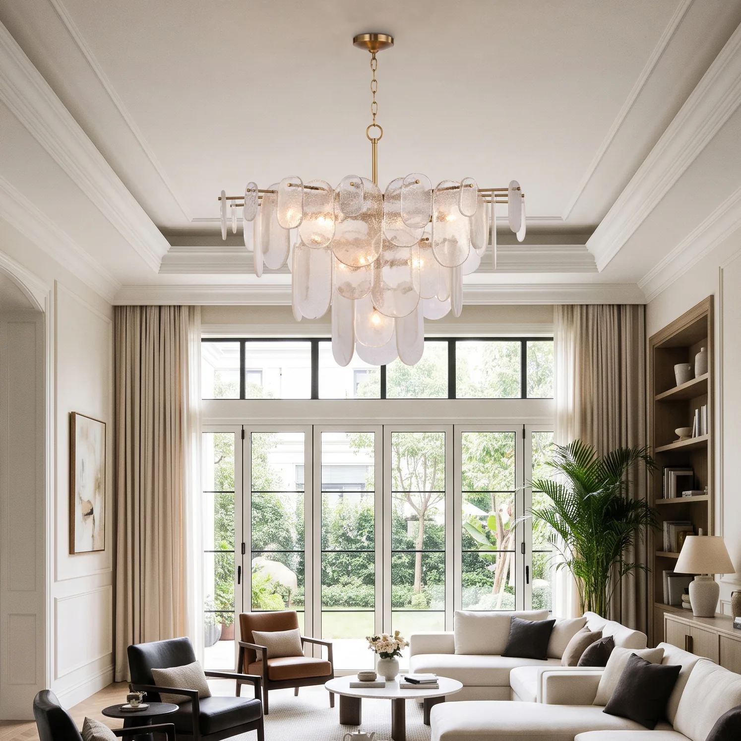 Modern Brass and Hanging Glass Disc Chandelier detail view 2