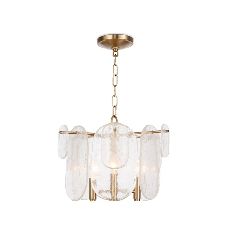 Modern Brass and Hanging Glass Disc Chandelier detail view 4