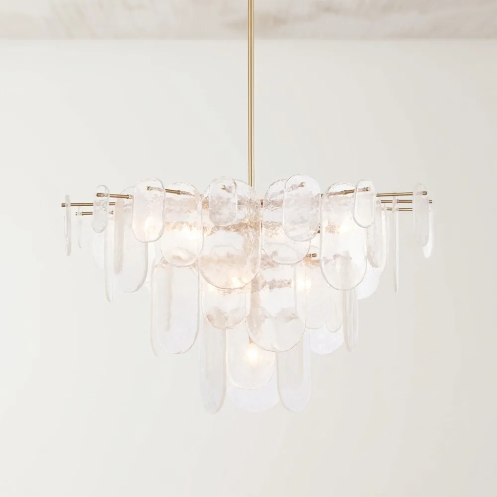 Modern Brass and Hanging Glass Disc Chandelier detail view 5