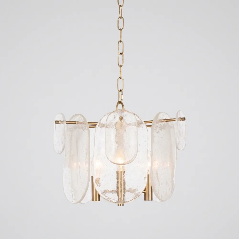 Modern Brass and Hanging Glass Disc Chandelier detail view 6