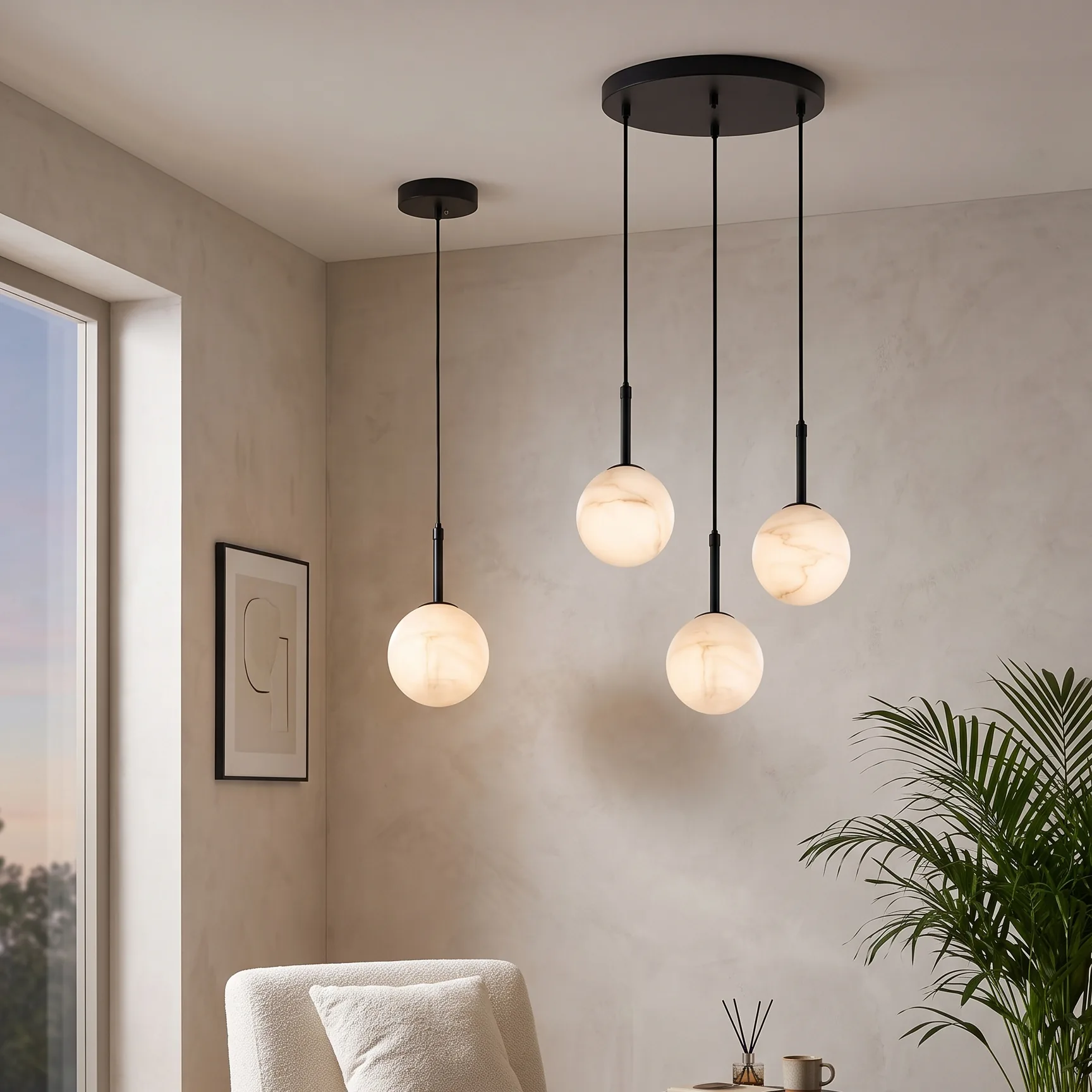 Modern Minimalist Alabaster Sphere Cluster Chandelier detail view 1