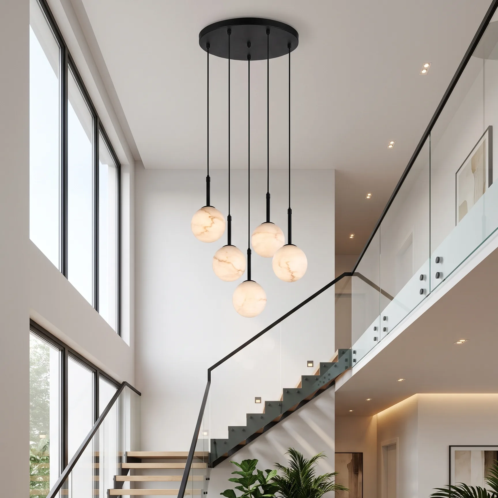 Modern Minimalist Alabaster Sphere Cluster Chandelier detail view 2