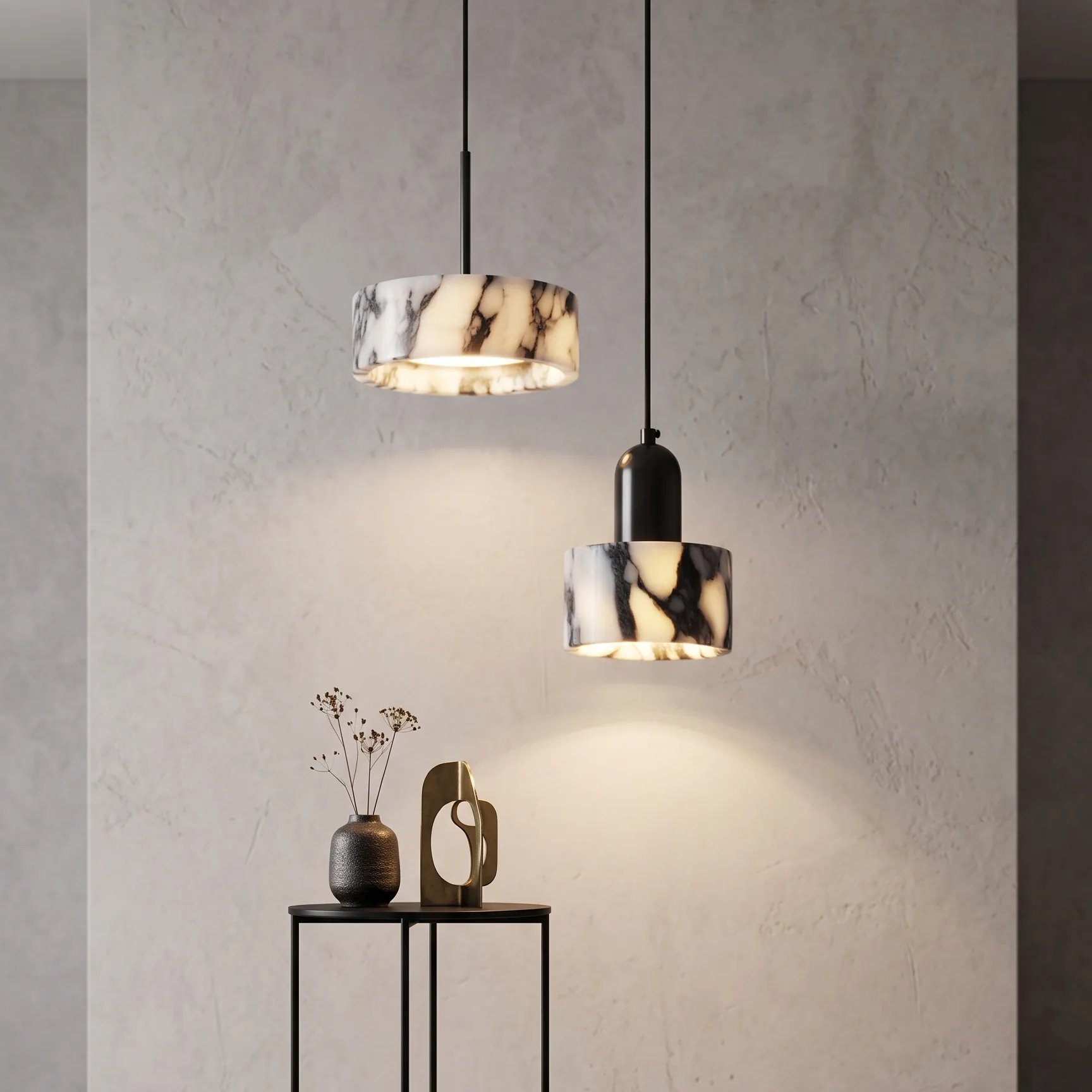 Modern Minimalist Black and White Veined Marble Pendant Light Collection detail view 1