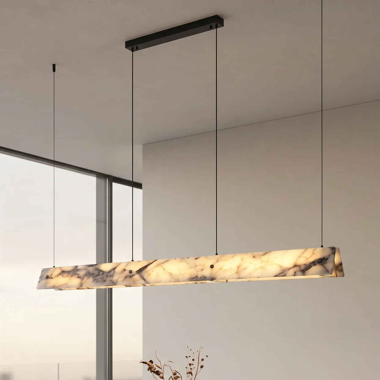 Modern Minimalist Black and White Veined Marble Rectangular Linear Pendant Light