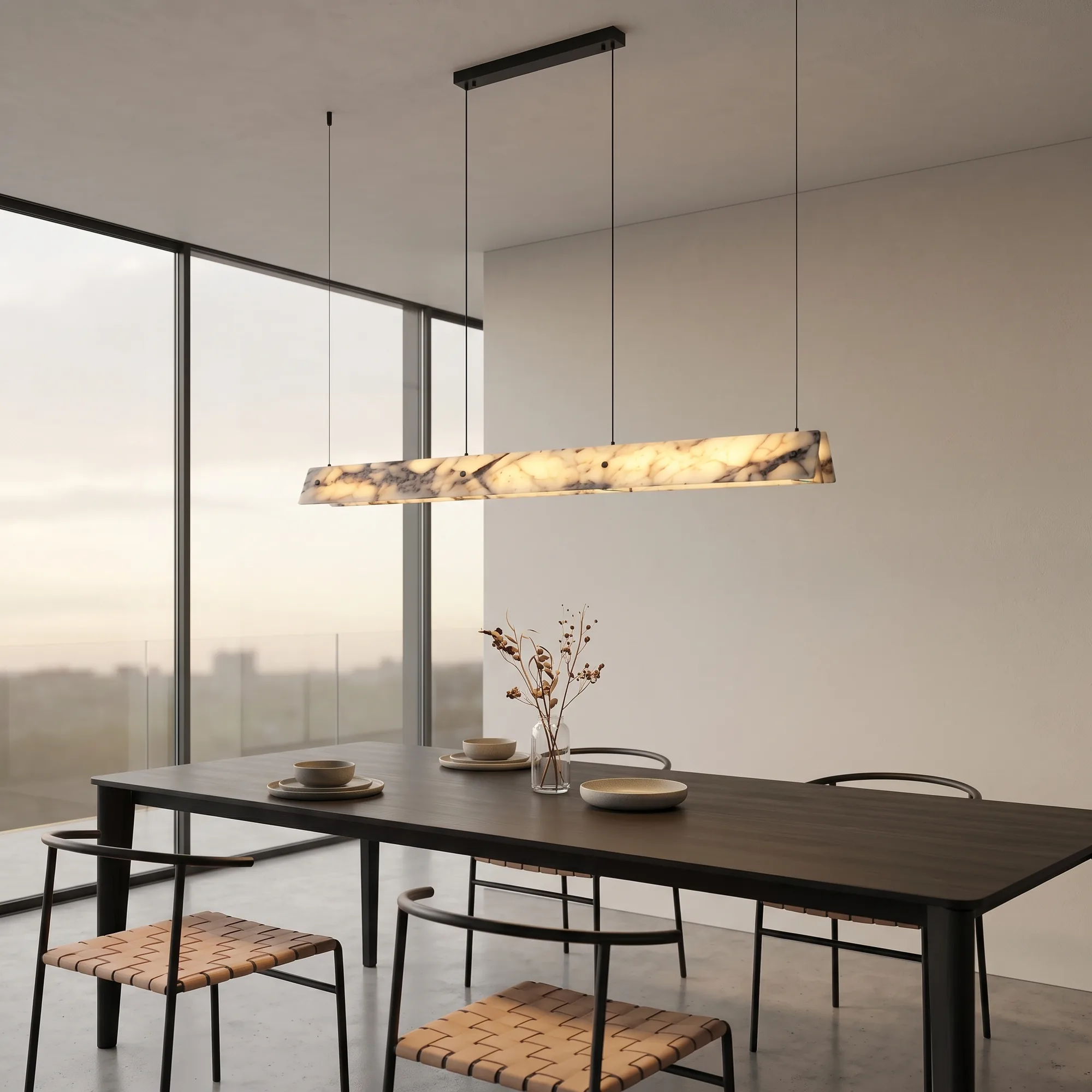 Modern Minimalist Black and White Veined Marble Rectangular Linear Pendant Light detail view 1