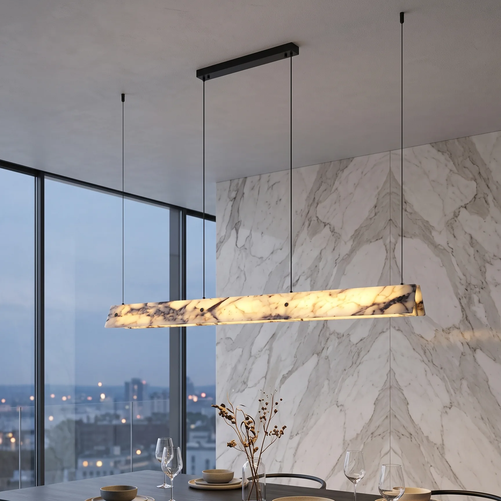 Modern Minimalist Black and White Veined Marble Rectangular Linear Pendant Light detail view 2
