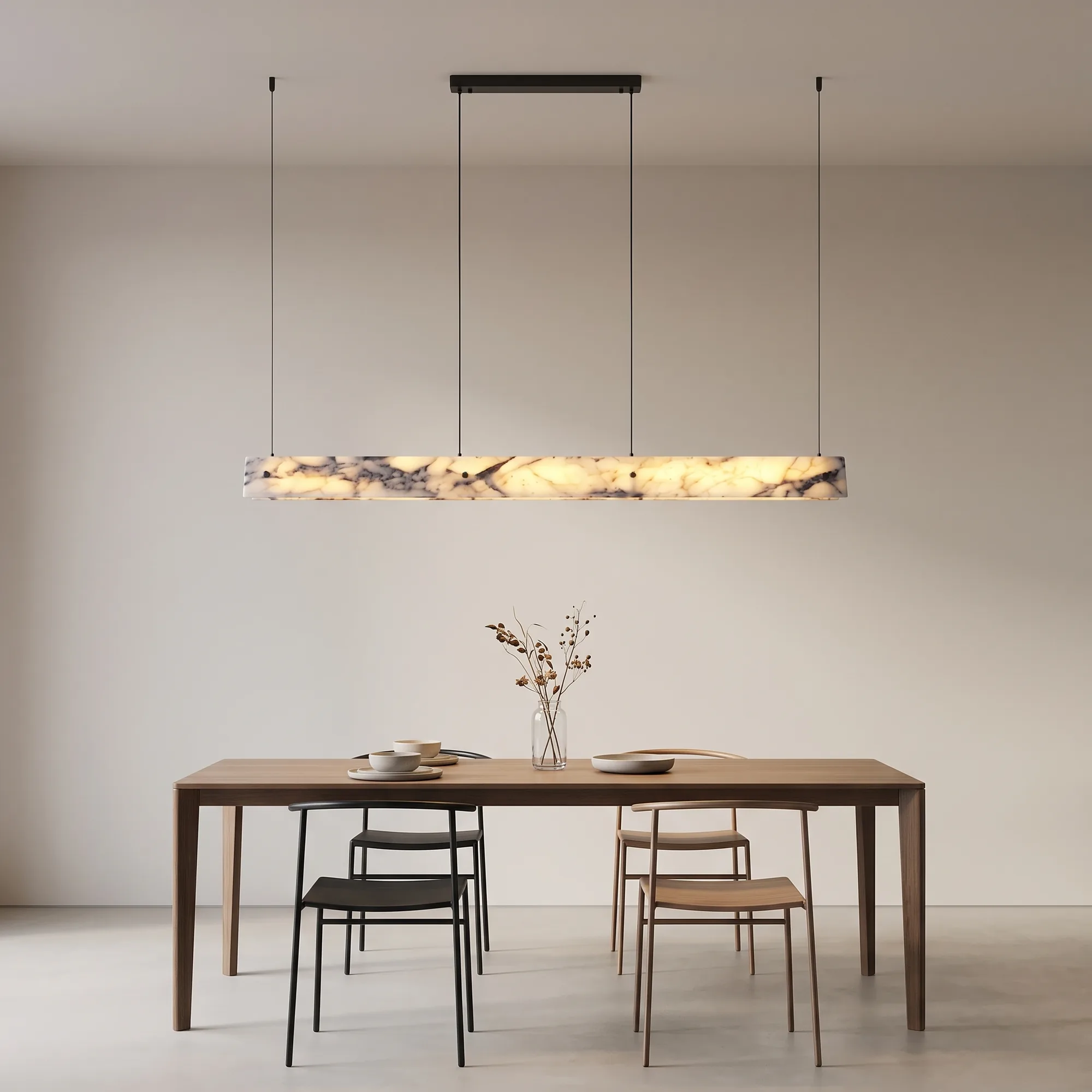 Modern Minimalist Black and White Veined Marble Rectangular Linear Pendant Light detail view 3