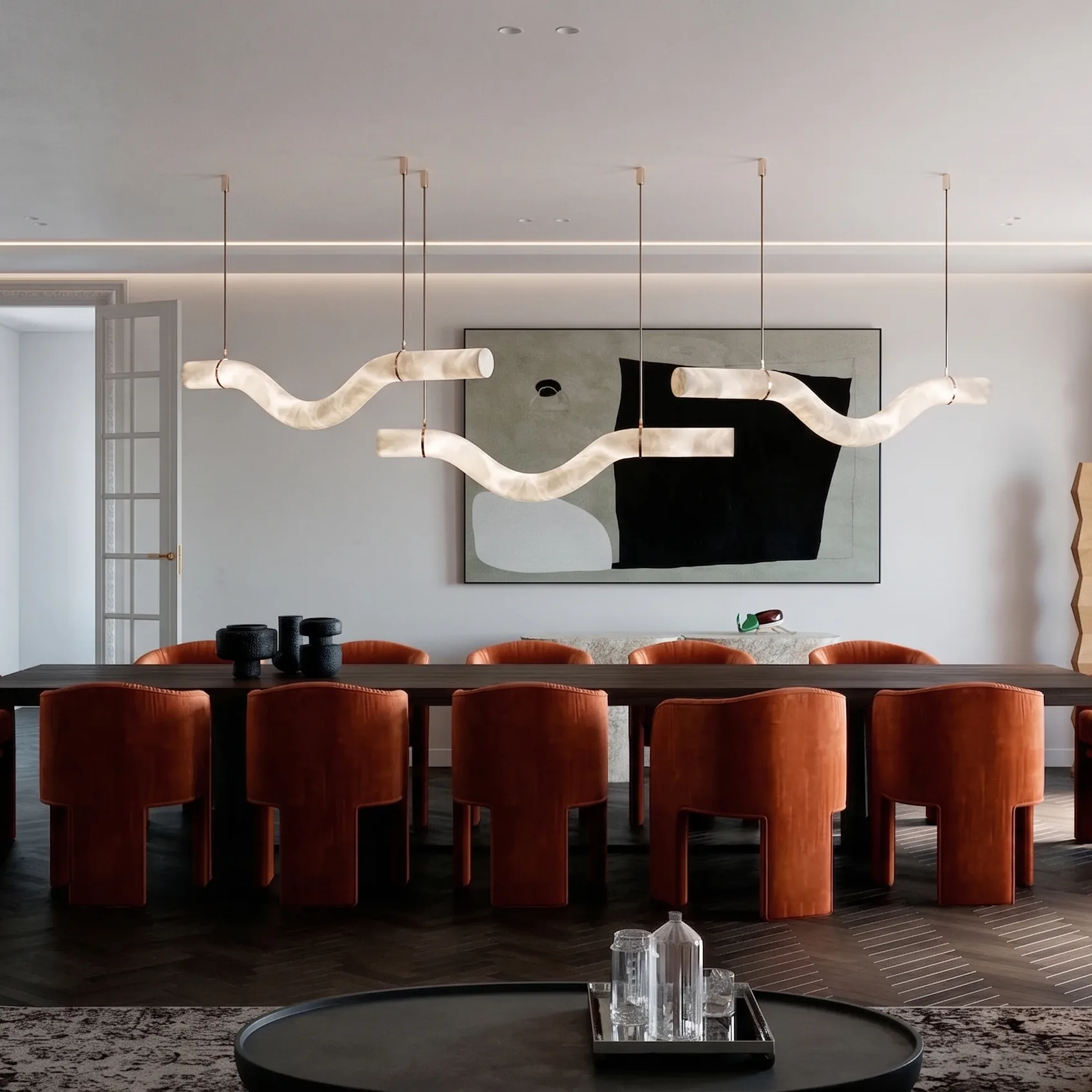 Modern Minimalist Curved Natural Alabaster Pendant Light detail view 1