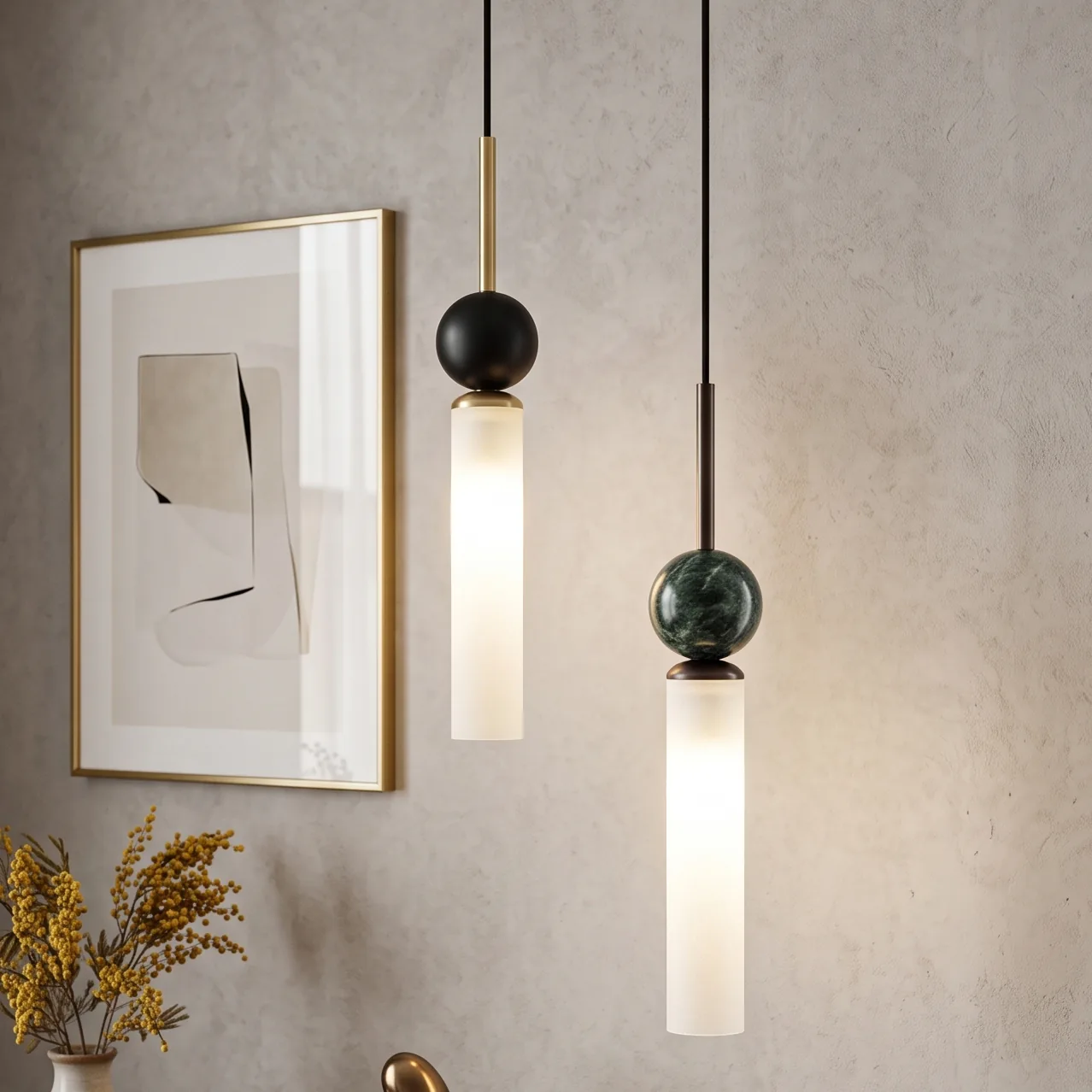 Modern Minimalist Cylindrical Glass and Marble Sphere Pendant Light