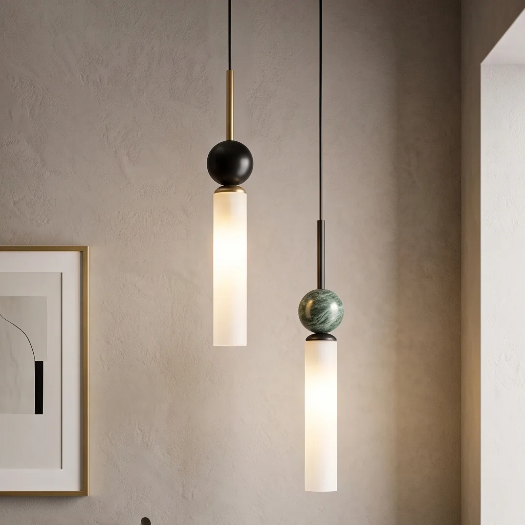 Modern Minimalist Cylindrical Glass and Marble Sphere Pendant Light detail view 1