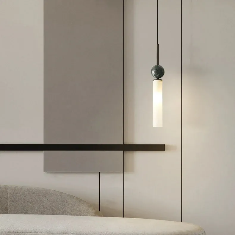 Modern Minimalist Cylindrical Glass and Marble Sphere Pendant Light detail view 2