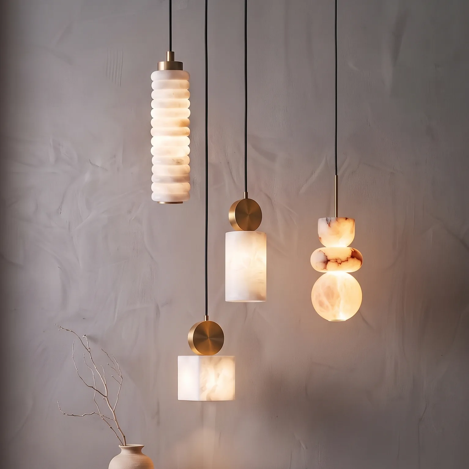 Modern Minimalist Geometrical Alabaster and Brass Mixed Shape Pendant Light Collection