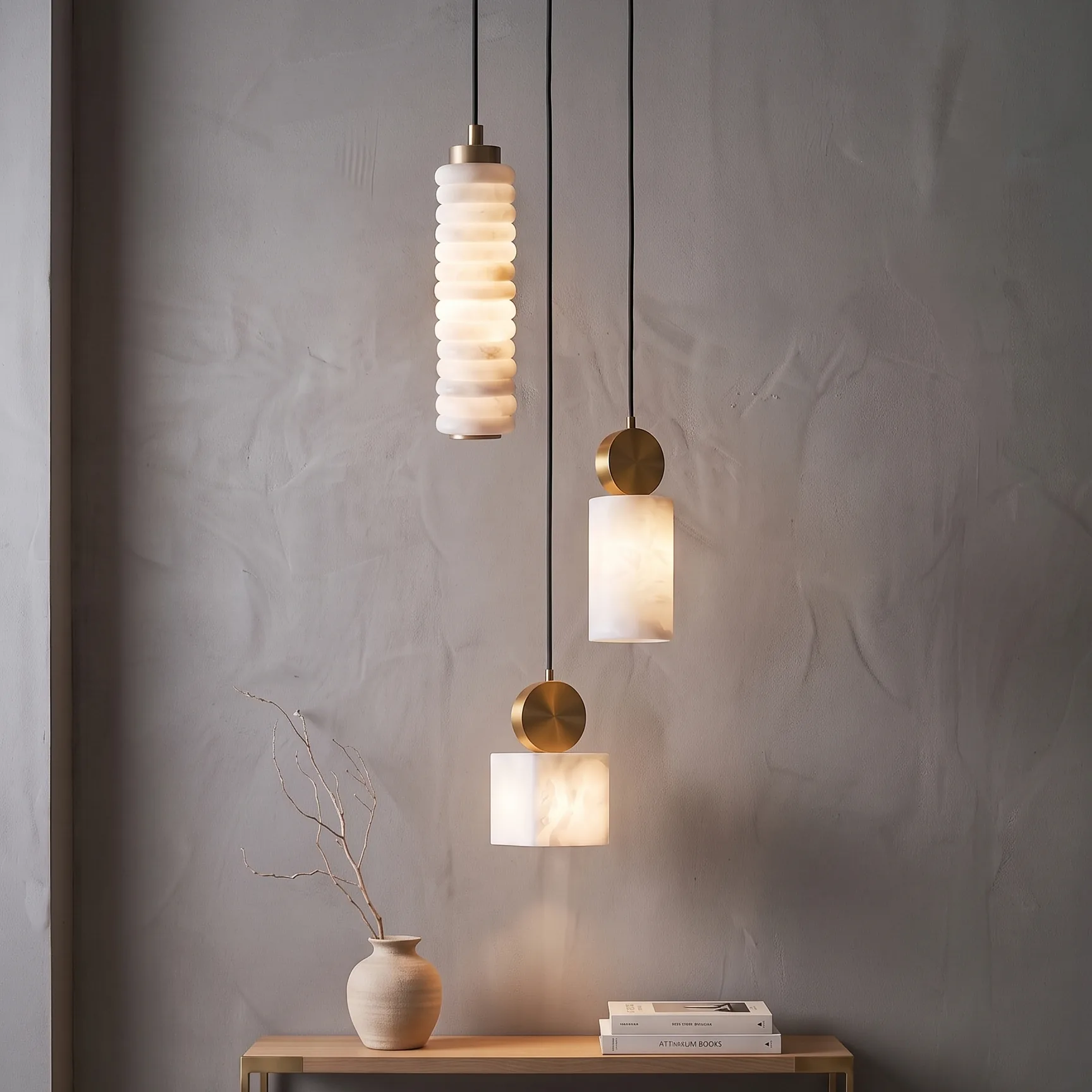 Modern Minimalist Geometrical Alabaster and Brass Mixed Shape Pendant Light Collection detail view 2