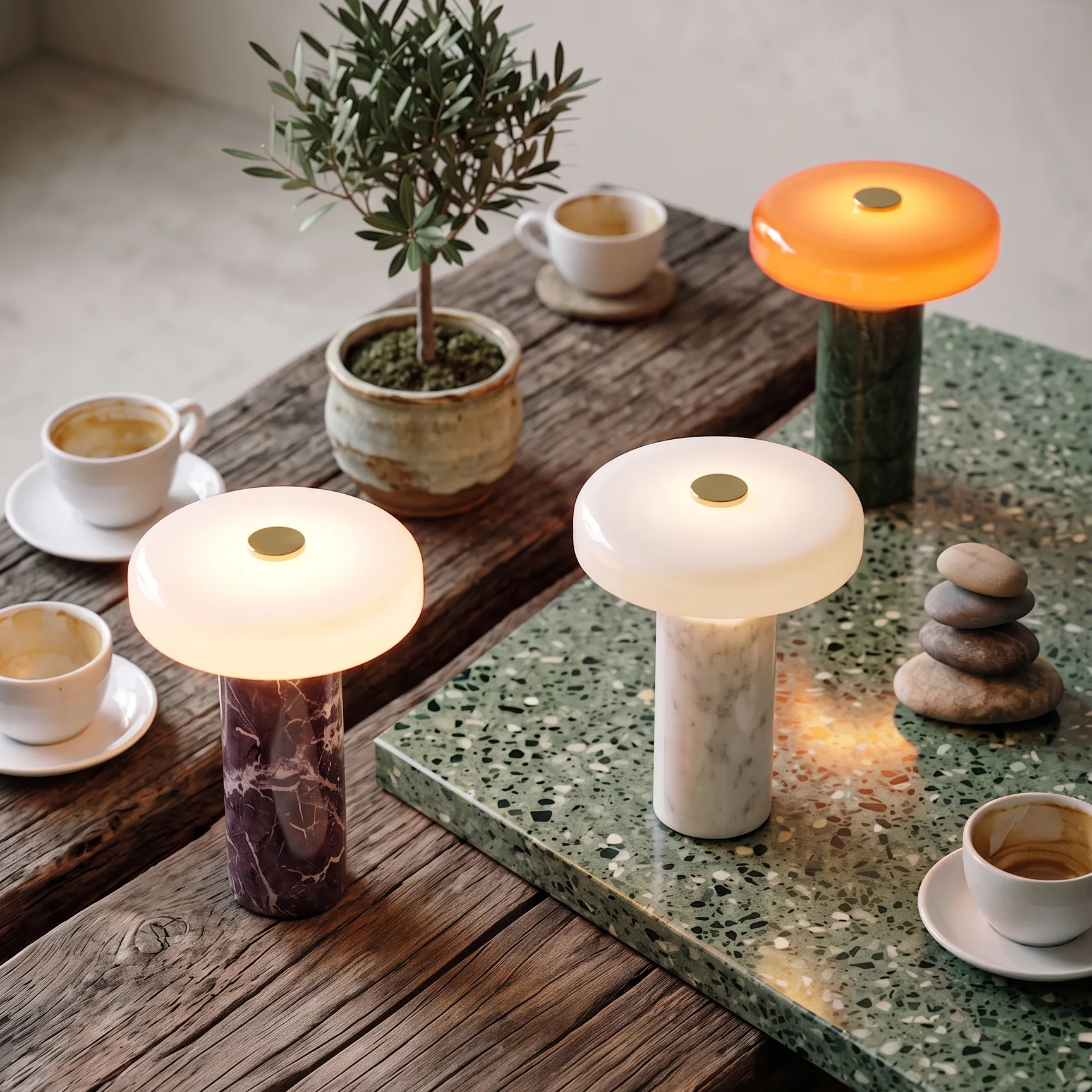 Modern Minimalist Glass Shade and Cylindrical Marble Base Cordless Table Lamp Collection