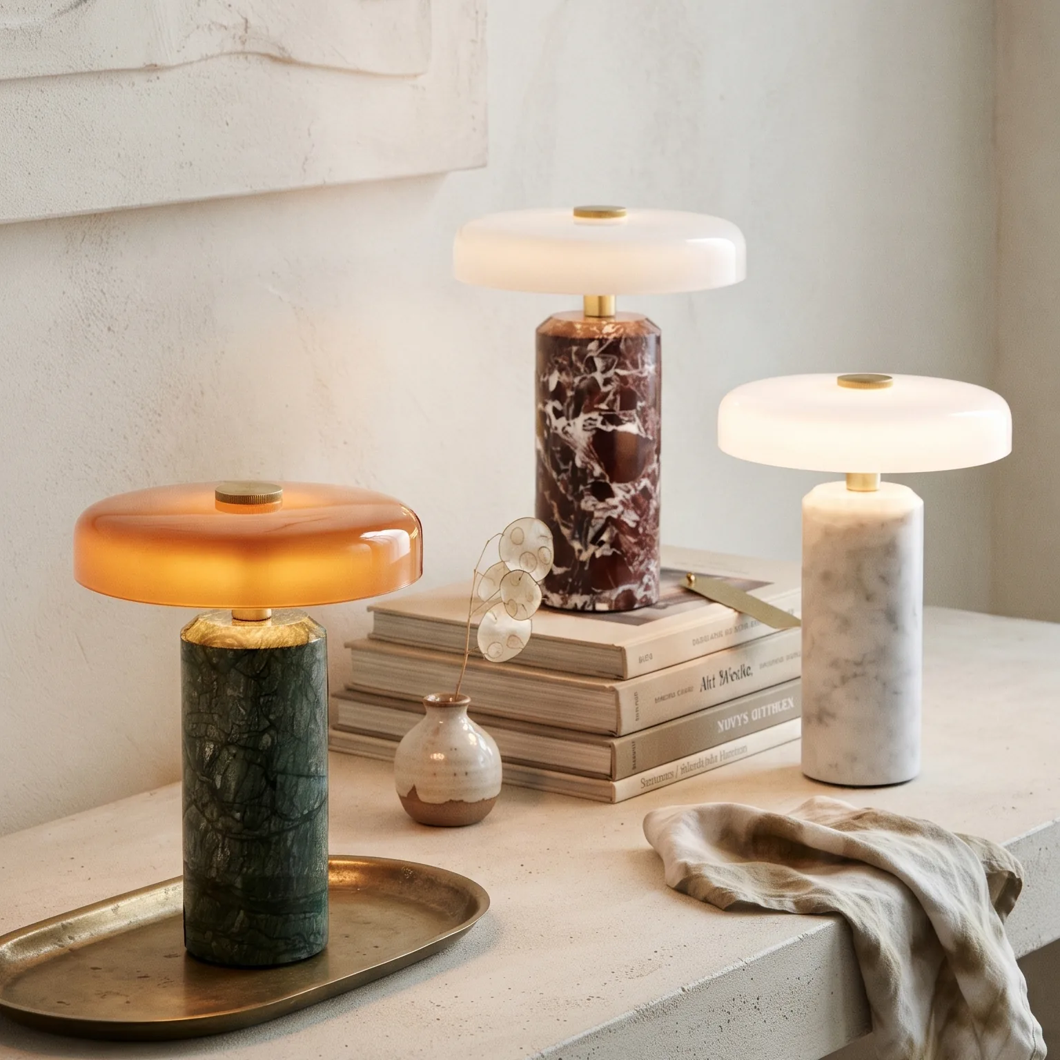 Modern Minimalist Glass Shade and Cylindrical Marble Base Cordless Table Lamp Collection detail view 1