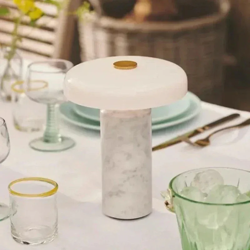 Modern Minimalist Glass Shade and Cylindrical Marble Base Cordless Table Lamp Collection detail view 3