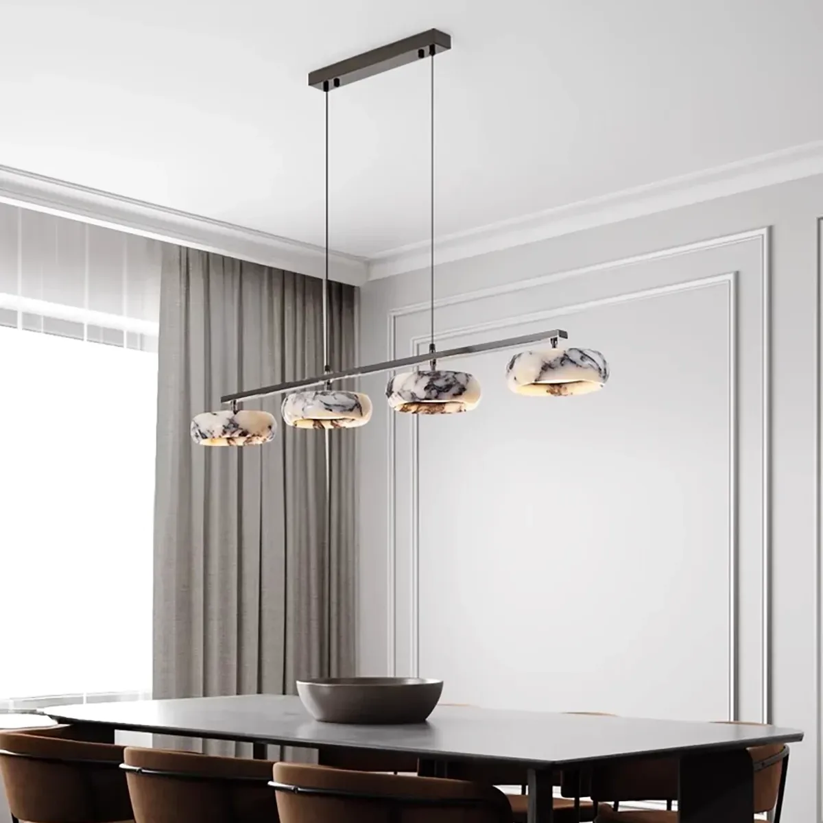 Modern Minimalist Marble Donut Linear Chandelier (Black and White Veined) detail view 2