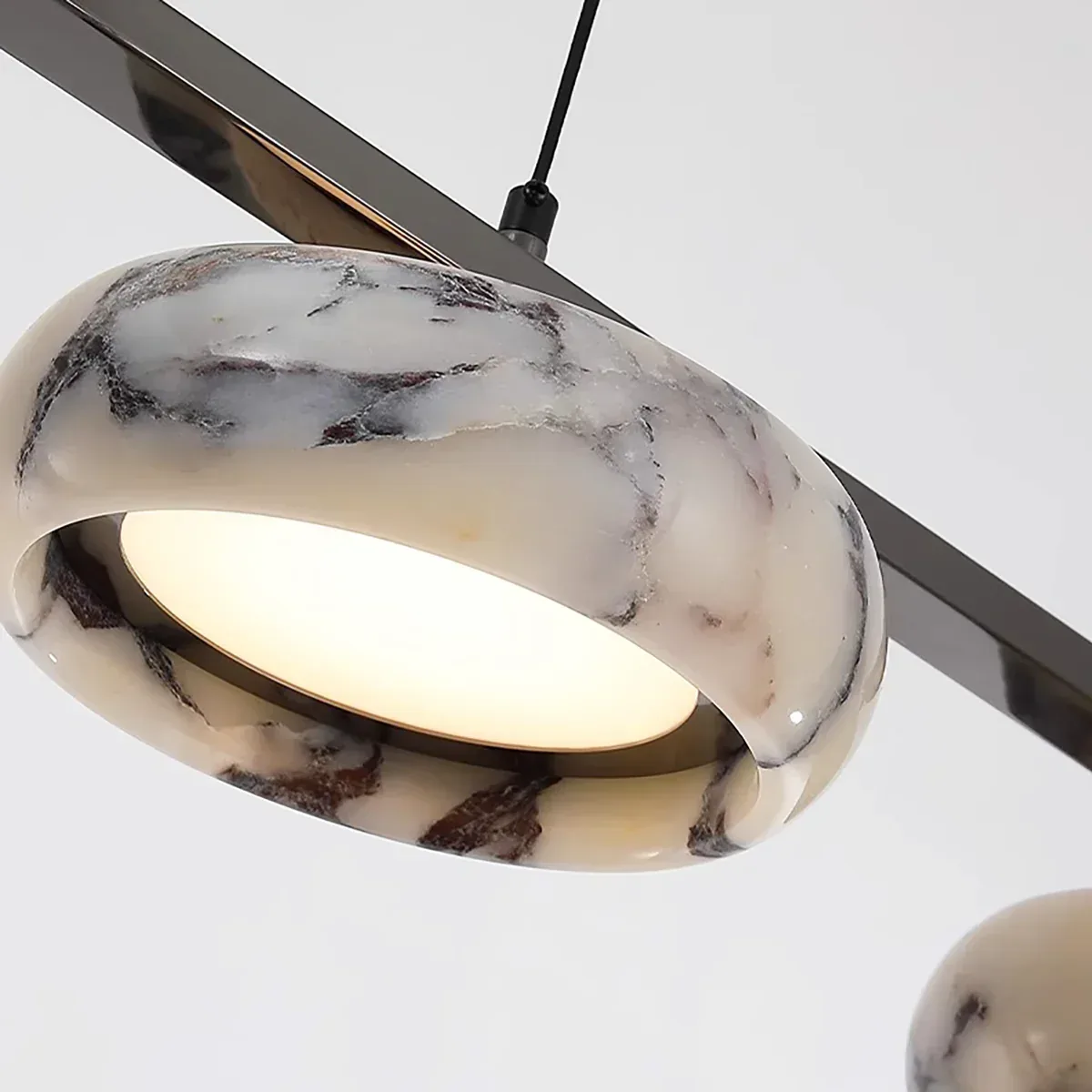 Modern Minimalist Marble Donut Linear Chandelier (Black and White Veined) detail view 4