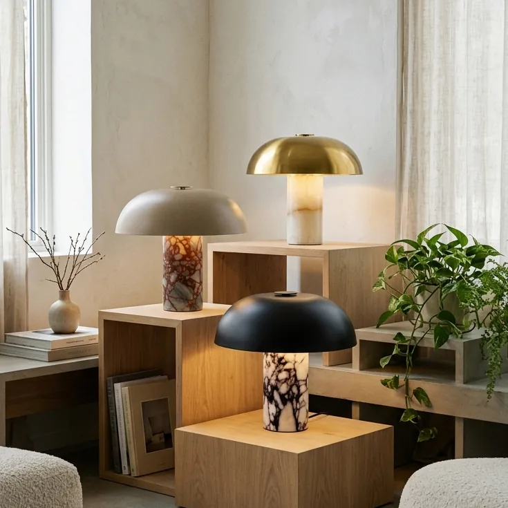 Modern Minimalist Metal and Marble Mushroom Table Lamp Collection detail view 3