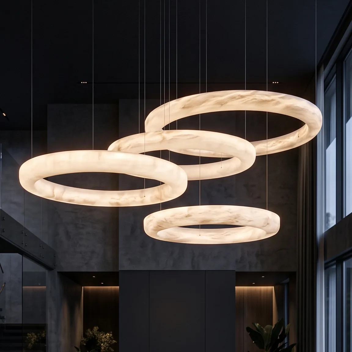 Modern Minimalist Natural Alabaster Round Ring Chandelier